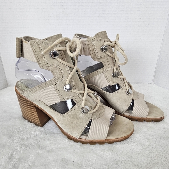 Sorel Nadia Strappy Lace-Up Suede Sandals Ancient Fossil Size 7.5